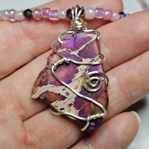 Handmade Wire Wrapped Purple Sea Sediment Jasper Pendant Necklace Womens Purple